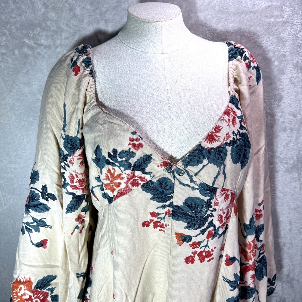 Free People Floral Print Puff Sleeve Mini Dress Beige Blue Pink Size XL‎ - Picture 6 of 12